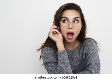 Woman In Glasses Looking Shocked, Studio