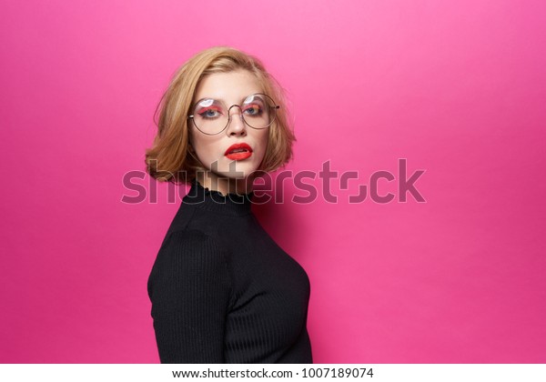 Woman Glasses Short Haircut On Pink Stock Photo Edit Now 1007189074