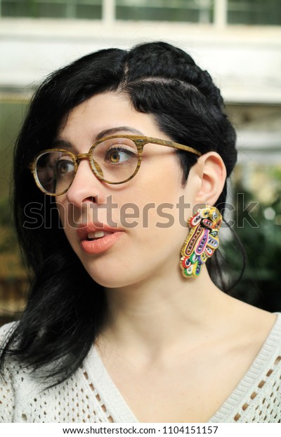 Woman Glasses Undercut Hairstyle Wearing Colorful Stock