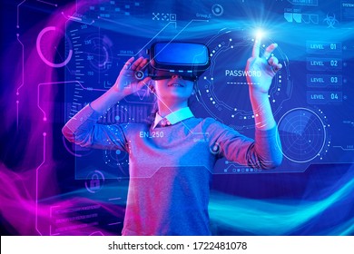 Woman with glasses of virtual reality. Future technology concept. Colorful neon lights. - Powered by Shutterstock - Get 15% off with code: PIKWIZARD15