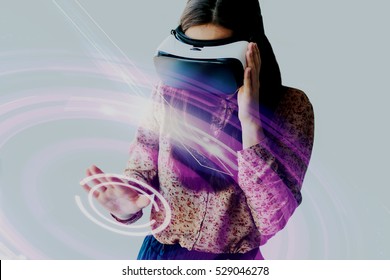 Woman With Glasses Of Virtual Reality. Future Technology Concept.