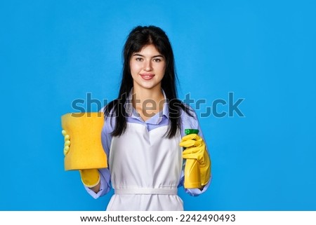 woman gloves and cleaner apron with sponge and detergent sprayer