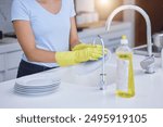 Woman, gloves or cleaning dishes in kitchen for hygiene, bacteria and dirt disinfection for housework. Housekeeping, cleaner or maid with washing plates in sink for chores, routine or person with OCD