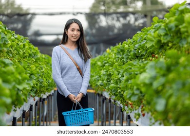 Woman go strawberry farm for picking strawberry in tourist farm - Powered by Shutterstock