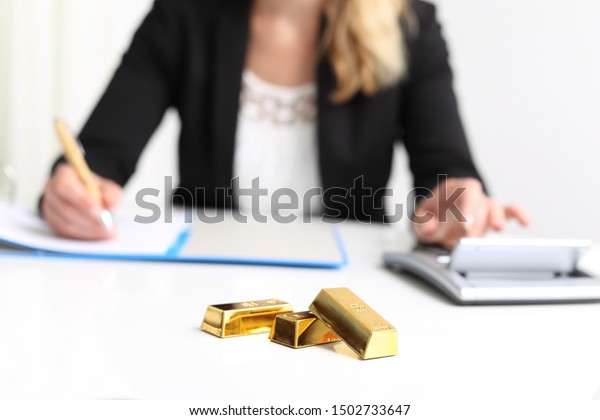 Woman Gold Bar Bullion Calculator Stock Image Download Now