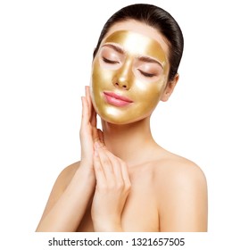 Woman Gold Mask, Beautiful Model With Golden Skin Cosmetic Touch Face, Beauty Skincare And Treatment