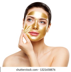 Woman Gold Mask, Beautiful Model Removing Golden Facial Skin Cosmetic, Beauty Skincare And Treatment