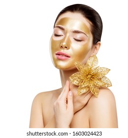 Woman Gold Mask, Facial Skin Beauty Cosmetic, Beautiful Girl Luxury Spa And Relax