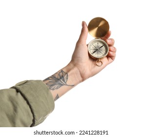 Woman with golden compass on white background - Powered by Shutterstock