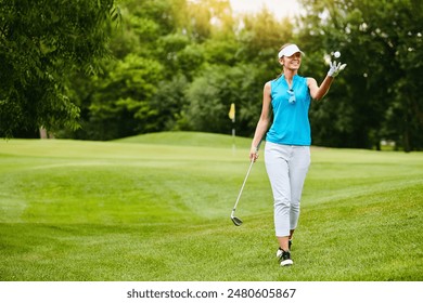 Woman, golf and walking with ball for exercise, happiness for birdie success or handicap achievement. Female athlete, game or smile with driver on course, outdoor for sports challenge with par hole - Powered by Shutterstock