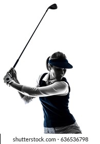 Woman Golfer Golfing Silhouette In White Background