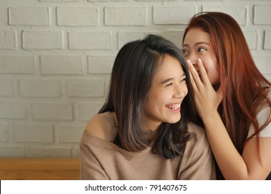 Woman Gossiping, Whispering, Listening To Positive Rumor Or Hearsay