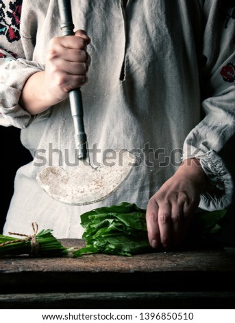 Similar – Foto Bild Frau schneidet grüne Blätter von frischem Sauerampfer.