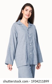 Woman In Gray Pajamas Nightwear Studio Shoot