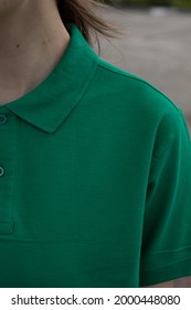 Woman In Green Polo, Green T-shirt, T-Shirt Necklines Close-up