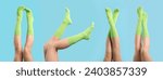 Woman in green socks on light blue background, closeup. Collection of photos