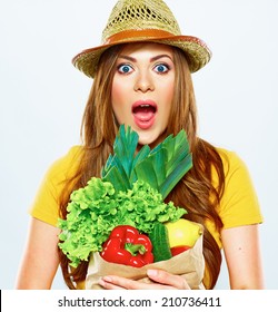 Woman With Green Vegan Food. Paper Bag. Surprise Emotion. White Background.