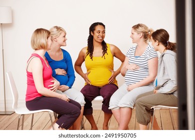 Woman, group and support for pregnancy class, together and smile for unity and prenatal advice. Friends, solidarity and female people for child birth, communication and trust for bonding in community - Powered by Shutterstock