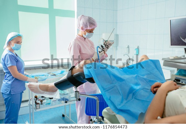 Woman Gynecologist Female Assistant Hysteroscopy Equipment Stock Photo 