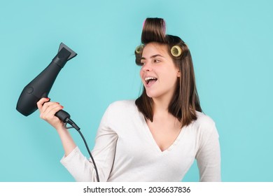 Woman With Hair Dryer. Beautiful Girl With Straight Hair Blow Dryer Hair With Professional Hairdryer.