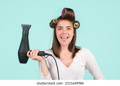 Woman With Hair Dryer. Funny Girl With Straight Hair Drying Hair With Professional Hairdryer.