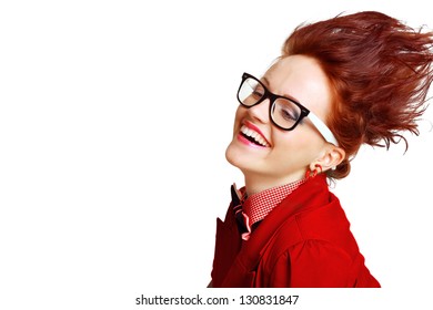 Woman With Hair Stand On End, Crazy Hair, In Red Coat And Glasses