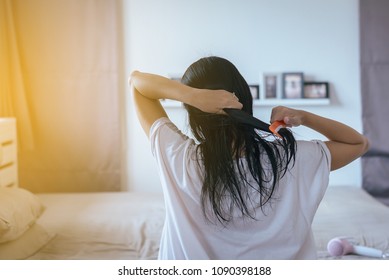 Woman Hairbrushing Wet Hair With Comb After Shower,Female Drying Long Hair With Dryer,Detangle,Messy Hair