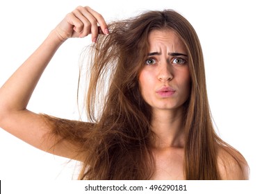 Woman With Half Of Hair Straight And Half Tangled