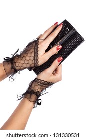 Woman Hand In Black Lace Gloves With Purse, Isolated On White