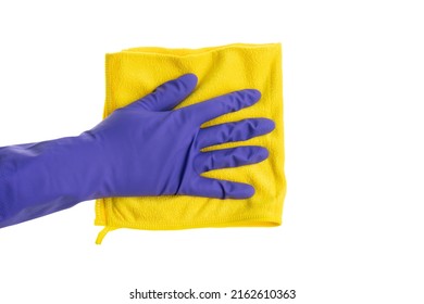 Woman hand in blue rubber glove with microfiber multipurpose yellow rag for all surfaces, isolated on white background, top view.