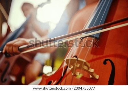Woman, hand and cello closeup with instrument string and band outdoor playing classical music. Backyard, summer and person with talent and creativity with instruments and acoustic players together
