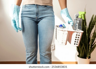 Woman, hand or cleaning bucket of housekeeping product, hotel maintenance or home healthcare wellness. Zoom, cleaner or maid worker with container, spray bottle or scrub brush for hospitality service. - Powered by Shutterstock