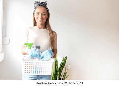 Woman, hand or cleaning bucket of housekeeping product, hotel maintenance or home healthcare wellness. Zoom, cleaner or maid worker with container, spray bottle or scrub brush for hospitality service. - Powered by Shutterstock