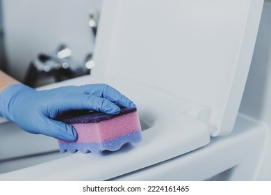 Woman Hand Closeup Gloved In Rubber Protective Gloves. Housewife Cleaning Toilet Bowl, Seat With Detergent, Pink Cloth In Bathroom Or Public Restroom. Disinfection, Hygiene, Cleaning Service Concept