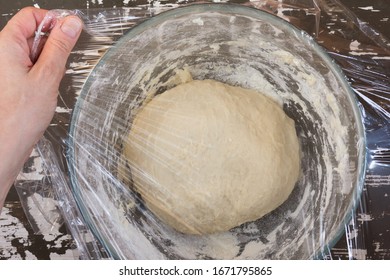 Woman hand cover dough in glass bowl using cling film before the proofing - Powered by Shutterstock