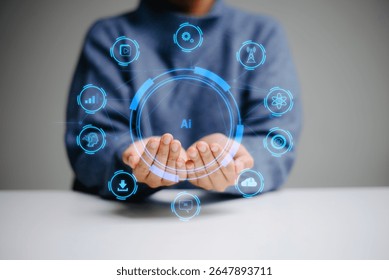 woman hand with cupped hands under a glowing AI interface surrounded by futuristic tech icons. Ideal for artificial intelligence, innovation, and digital transformation concepts.

