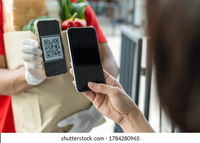 Woman Hand Customer Using Digital Mobile Phone Scan QR Code Paying For Buy Fresh Food Set Bag From Food Delivery Service Man, Express Delivery, Digital Payment Technology, Fast Food Delivery Concept