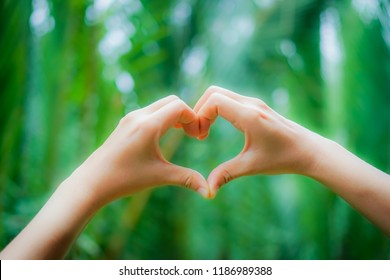 Woman hand do heart shape on green nature tropical background. - Shutterstock ID 1186989388