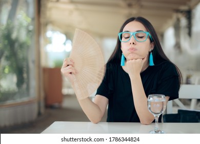 Woman With Hand Fan Fighting Summer Heat. Girl Suffering From Heatstroke Trying To Cool Down
