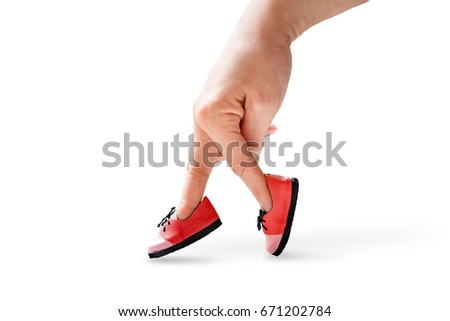 woman hand finger walking with shoe  isolated on white background concept, Traveler adventure outdoor summer vacations concept, Healthy lifestyle concept. Stay at home quarantine for coronavirus. 