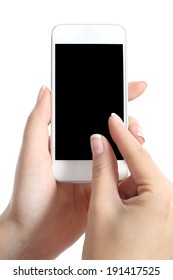 Woman Hand With Fingers On Multi Touch Screen Using A Blank Application Isolated On A White Background