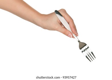 Woman Hand With Fork Isolated On White Background