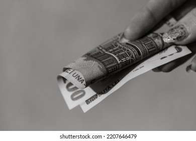 Woman Hand Giving Money Like Bribe Or Tips Isolated On White Background. LEI Currency Banknotes Close Up. Reward For Hard Work, Finance And Business Concept