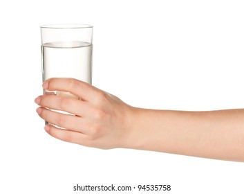 Woman Hand With Glass Of Water Isolated On White Background