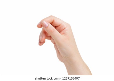 Woman hand hanging something blank isolated on a white background - Shutterstock ID 1289156497