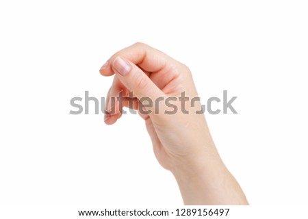 Woman hand hanging something blank isolated on a white background