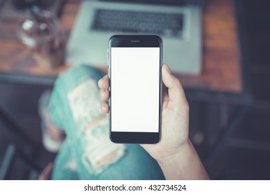 woman hand hold mobil phone blank person smartphone cell.  white screen vintage tone.  - Shutterstock ID 432734524