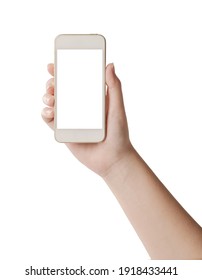 Woman Hand Hold Smartphone With White Screen Isolated On White Background.
