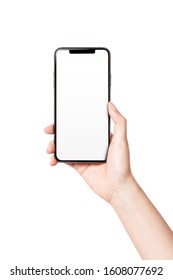 Woman hand hold(grip, touch) a smart phone isolated white.