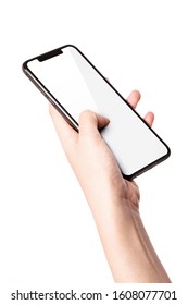 Woman Hand Hold(grip, Touch) A Smart Phone Isolated White.